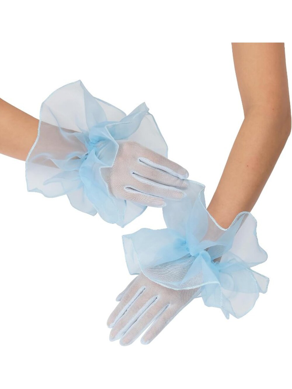 Women's Light Blue 1920s Flapper Stretchy Ruffles Sheer Opera Short Mesh Gloves